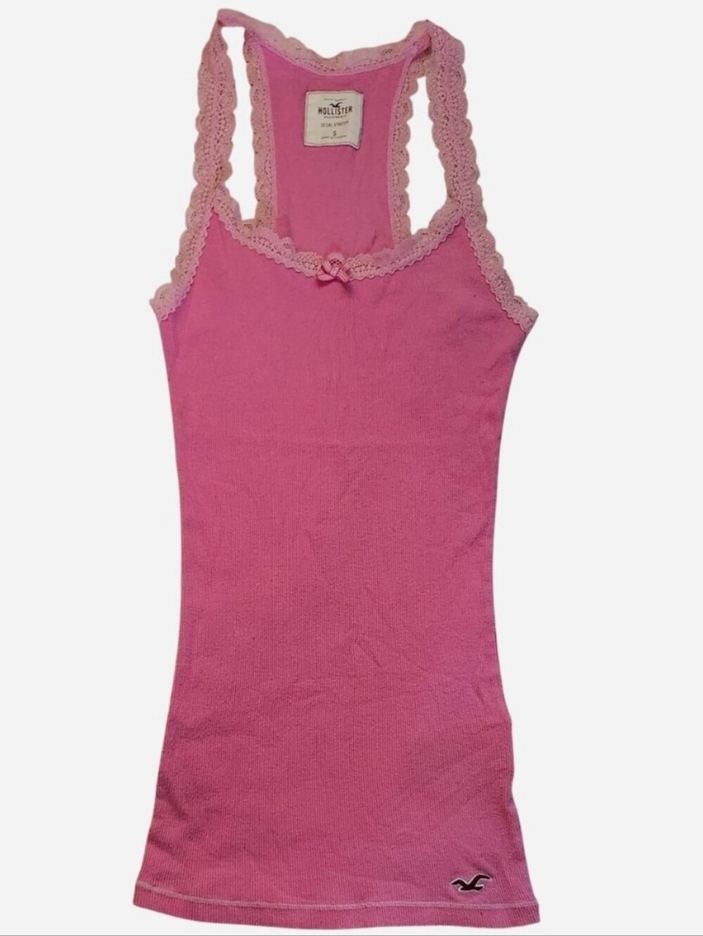 Vintage Y2K Hollister Pink Ribbed Lace Trim Cami Tank Top